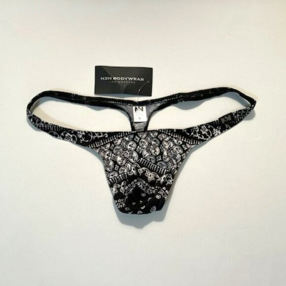 N2N Bodywear Size “M” Provence T-Back Thong- Black/White Batik Design - Picture 2 of 13